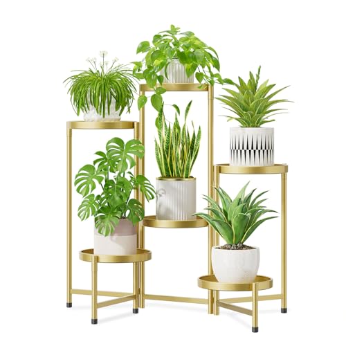 iDavosic.ly 6 Tier Large Plant Stand Indoor, 10 Inch Wide Tall Corner Metal Plant Stands Outdoor for Multiple Plants, Folding Tiered Flower Display Holder Rack Shelf, Gold - color: Gold, size: 6 Tiers