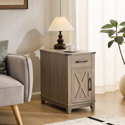 EROMMY Farmhouse End Table with Charging Station, Narrow Side Table for Living Room, Nightstand with Drawer and Storage Cabinet, Adjustable Shelf, Gray - color: Grey
