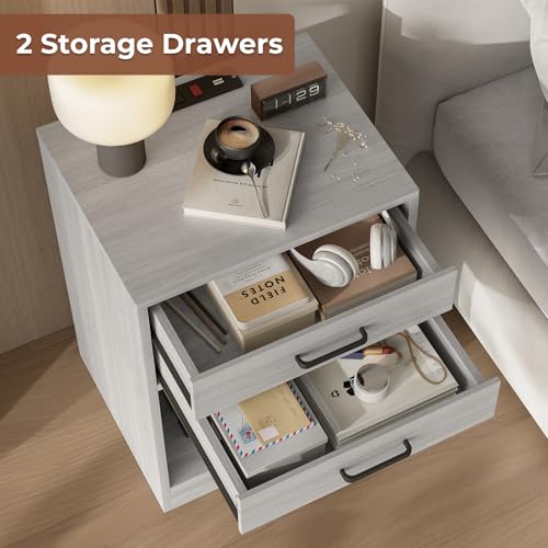ADORNEVE Grey Nightstands Set of 2,Bedside Table with Drawers | Bedside Table Set of 2,Nightstand with Charging Station,Night Stands for Bedrooms Set of 2 - color: Grey