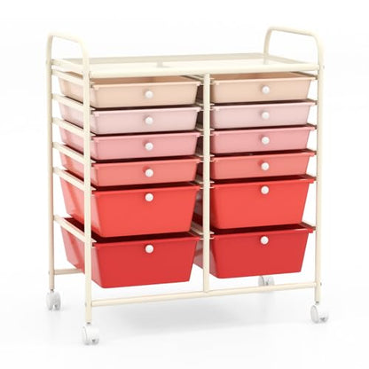 DREAMADE Mixed-pink 12-Drawer Rolling Storage Cart with Removable Drawers, Metal Frame, Polypropylene Drawers, Lockable Wheels - color: Mixed-pink, style: 12 Drawers