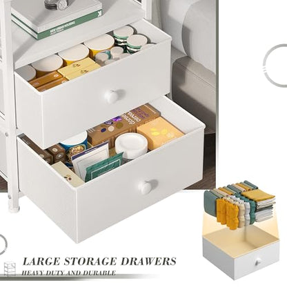 EnHomee 17.8" W Nightstand, End Table with Fabric Drawers and Open Wood Shelf Storage,Safety Netting on 2 Sides of Night Stand, Bedside Table with Metal Frame for Bedroom,Closet, Hallway,Dorm, White - color: White