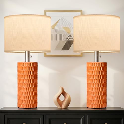 Reaketon Table Lamps for Living Room Set of 2, Ceramic Table Lamps for Bedroom, 20" Modern Lamps for Night Stands, Orange - color: Orange