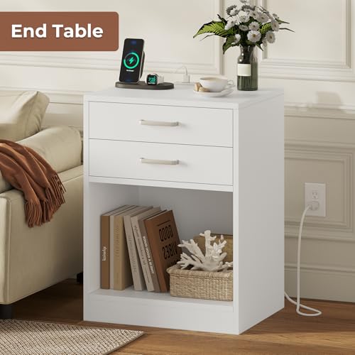 ADORNEVE White Nightstand Set of 2,Night Stand with Charging Station | Bedside Table with Drawers,Night Stands for Bedrooms Set of 2,Bed Side Tables Bedroom Set of 2 - color: White