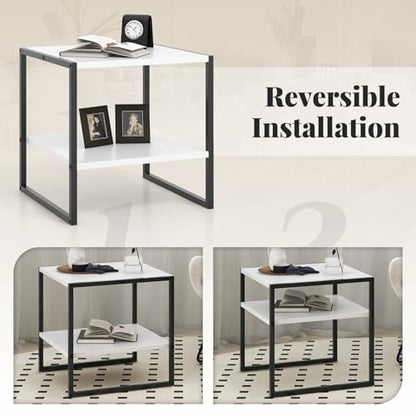 Giantex 20 Inch End Table, Modern Square Side Table with Storage Shelf, Small Coffee Table for Living Room, Wood Bedside Table, 2-Tier Nightstand for Bedroom, Easy Assembly, White (1)