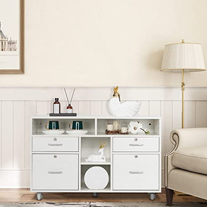 VINGLI Wood Mobile File Cabinet with 4 Drawers and Shelves, Printer Stand with Open Storage, Lockable Lateral Filing Cabinet for Home Office, Assembly Required, Light Beige Close to White - color: White