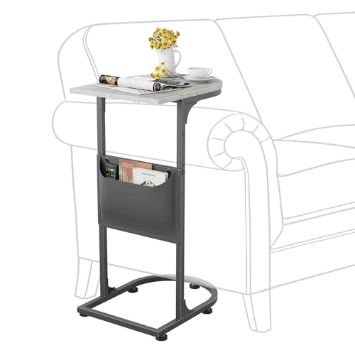 C Shaped End Table, Slide Under Small Side Table for Couch & Small Spaces | Wobble-Free C Table For Sofa, Greige, Storage Bag, Sturdy Metal Frame, Wood Top, Living Room & Bedroom, 15-Min Quick Assembly - color: Classic Greige