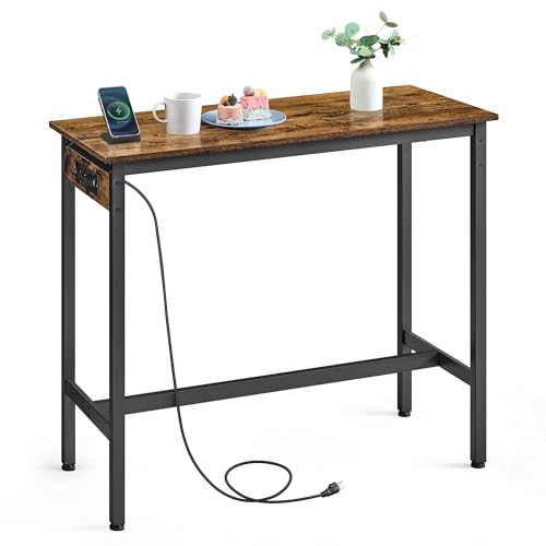 VASAGLE Bar Table, Narrow Long Kitchen Dining Table with Charging Station, Sturdy Metal Frame, Industrial, 15.7 x 39.4 x 35.4 Inches, Rustic Brown and Ink Black ULBT101K01 - color: Rustic Brown + Ink Black, size: 39.4"W, style: Industrial
