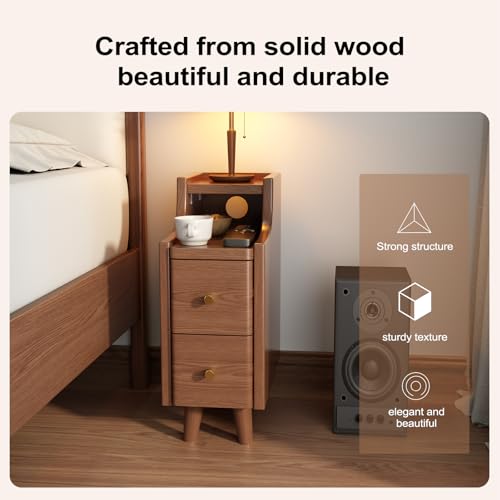 Narrow Nightstand with 2 Drawers,Walnut Nightstand,Bedside Table,Solid Wood Modern Bedside Table for Bedroom,Study,Toilet - color: Walnut, size: 15.75"D x 7.87"W x 22.32"H(2 Drawers)