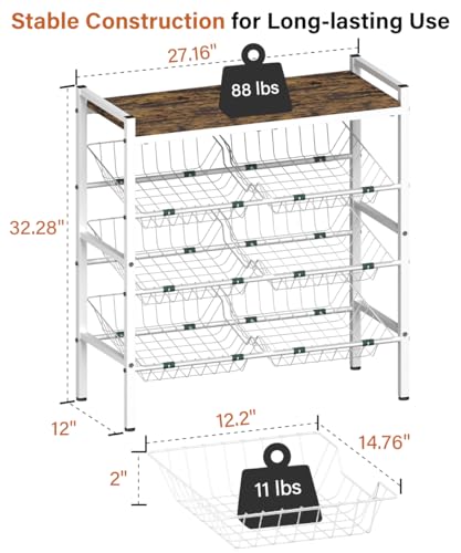 4-Tier Fruit and Vegetable Storage Rack with Wood Top & 6 Removable Baskets, Small Kitchen Island, Pantry Floor Organizer Stand Shelves for Onion Potato Snack Storage, White - style: 6 Baskets-White