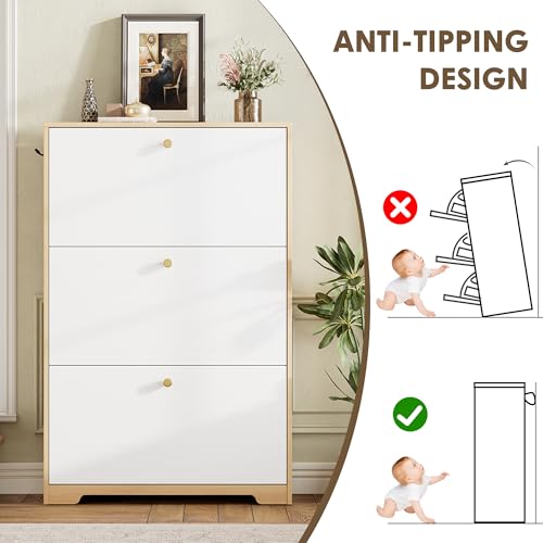 Nicetree Shoe Storage Cabinet for Entryway, Modern Shoe Cabinet, Freestanding Shoe Rack Cabinet, Hidden Shoe Dresser for Hallway,Foyer, Natural Oak and White - color: Natural Oak and White, style: 3-Drawers