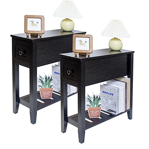 Narrow End Table, Black Couch Table with Drawer, Slim Bed Side Table for Small Space/Night Stand Set of 2, Side Table for Couch - size: 2 set black
