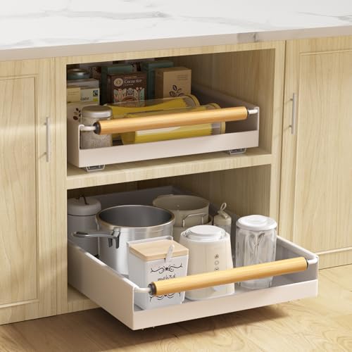 2 Pack No-Drill Pull Out Cabinet Organizer 15.3'' Deep Expandable Slide Out Drawers for Kitchen Pantry & Under Sink Storage, Adhesive Nano Film Mount, White - color: 2 Pack White