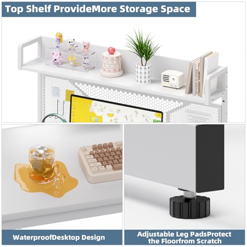 Elephance Small Gaming Desk with Pegboard, 39 Inch Computer Desk with Storage Shelves, Modern Office Desk for Study Work Home Office, Small Spaces, White