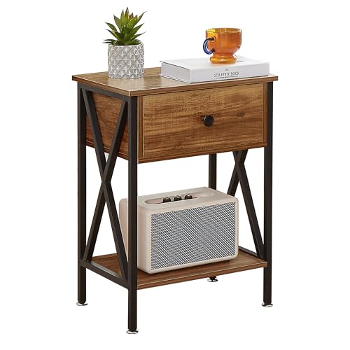 VECELO Nightstand,Modern Bedside End Table, Night Stand with Drawer and Storage Shelf for Living Room Bedroom, Industrial Metal Frame - color: Brown, size: Set of 1