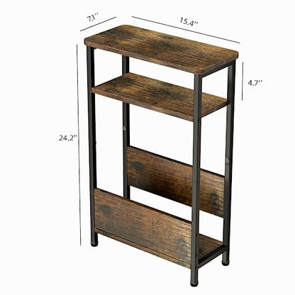 THUMEYE 7.1" Narrow Side Table for Small Spaces, 3 Tier Small End Table with Magazine Holder, Slim/Skinny Nightstand/Bedside Table for Living Room, Bedroom, 15.4" L x 24.2" H - color: Rustic Brown