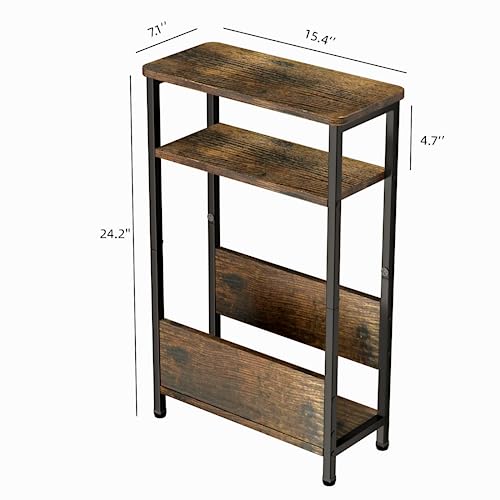 THUMEYE 7.1" Narrow Side Table for Small Spaces, 3 Tier Small End Table with Magazine Holder, Slim/Skinny Nightstand/Bedside Table for Living Room, Bedroom, 15.4" L x 24.2" H - color: Rustic Brown