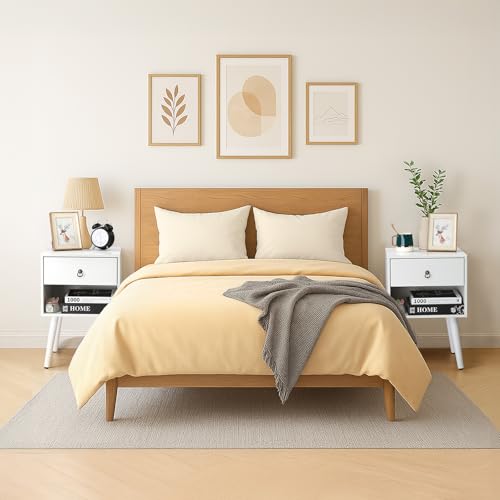 Bonnlo White Nightstand Set of 2, Modern Bedside Table with Drawer Open Shelf, End Table with Solid Wood Legs for Bedroom, - color: White, size: 1 Drawer 1 Shelf