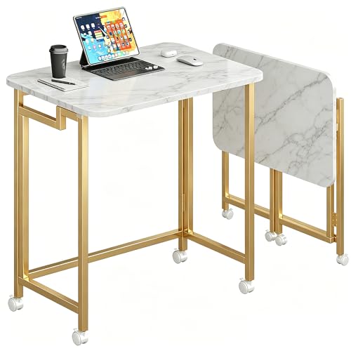 JSB Folding Desk for Small Spaces,Mobile Portable Rolling Laptop PC Table on Wheels,Foldable Computer Desk for Home Office,Bedroom,Dorm,Space Saving (White&Gold, 23.6") - color: White&gold, size: 23.6"