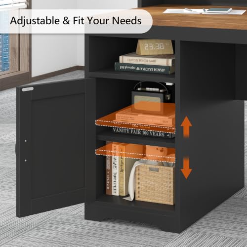 65" Farmhouse Computer Desk with Drawers and Printer Stand for Home Office | Office Desk with Power Outlets and Storage Cabinet, Study Writing Desks with Long Monitor Stand, Brown and Black - color: Brown and Black