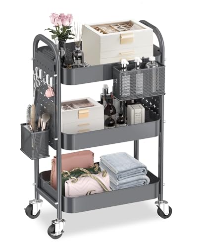 ALVOROG 3 Tier Rolling Cart with DIY Pegboards Metal Utility Cart with Wheels Handles Baskets Hooks, Storage Cart for Office Kitchen Bathroom(Gray) - color: Grey