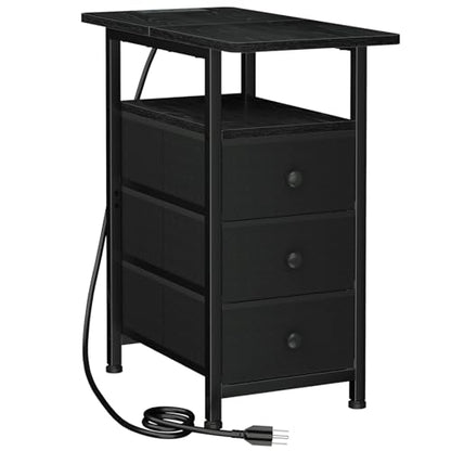 AMHANCIBLE End Tables Living Room with Charging Station, Narrow Side Table with USB Ports and Outlets, Slim Nightstand with 3 Fabric Drawers for Bedroom, Small Space, Black, HETN013BK-1 - color: Black, style: Power