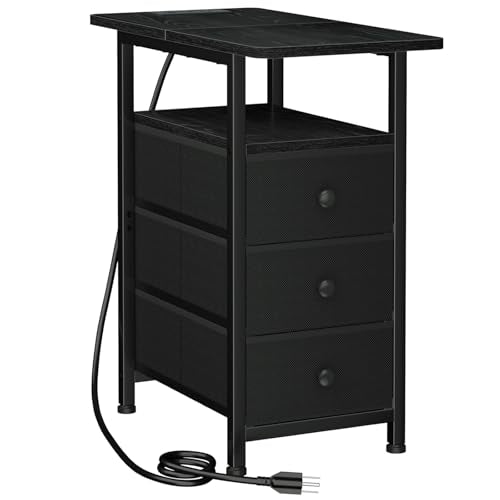 AMHANCIBLE End Tables Living Room with Charging Station, Narrow Side Table with USB Ports and Outlets, Slim Nightstand with 3 Fabric Drawers for Bedroom, Small Space, Black, HETN013BK-1 - color: Black, style: Power