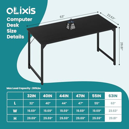 OLIXIS Home Office Computer Desk, Small Office 63-inch Writing and Study Desk, Bedroom Table with Metal Frame and Wooden Top, Compact Modern Study Table for Home Use, Black - color: Black, size: 63-In