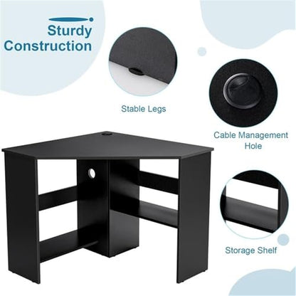 Pemberly Row Corner Computer Desk, Black Finish, Compact Triangle Design, Cable Management Holes, Spacious Storage Shelves, Scratch-Resistant Surface, Versatile Home Office or Bedroom Workstation