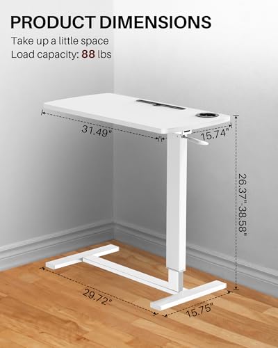 Foldable Overbed Table with Wheels, Pneumatic Adjustable Desk | 31.5 X 17.7 In Desktop with Cup Holders and Tablet Slot, Hidden Casters, 88 Lbs Capacity, Installs on Either Side of Bed - color: White