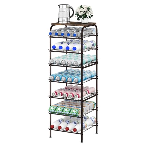 smusei Water Bottle Organizer 7 Tier Free Standing Water Bottle Storage Rack Metal Water Bottle Rack Shelf Large Capacity Bottled Water Holder Beverage Drink Stand for Kitchen Pantry Office, Brown - color: Rustic Brown, size: 7 Tier