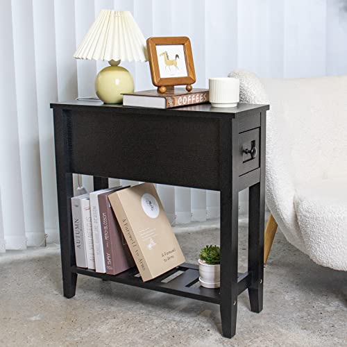 Narrow End Table, Black Couch Table with Drawer, Slim Bed Side Table for Small Space/Night Stand Set of 2, Side Table for Couch - size: 2 set black