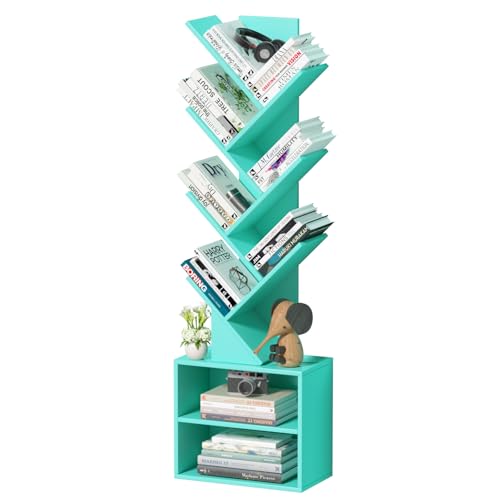 SHEEPAM 10 Tier Tree Bookshelf,Floor Standing Wood Tall Bookcase for Narrow Space, Storage Organizer Bookshelves for Books, Book Case for CDs/Movies/Books,Home Office,Living Room, Bedroom - color: Mint Green, size: 10 Tier