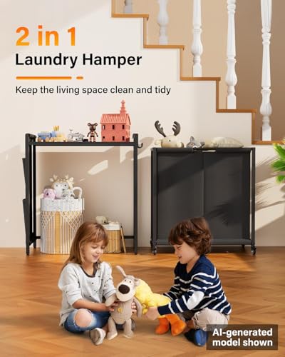 2 Section 103L Laundry Sorter, Wheels & Shelf & Oxford Fabric Bags | Laundry Basket Organizer, Clothes Hamper with Shelf 2 Compartment, Easy to move, Room Organization