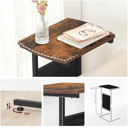 HOOBRO C Shaped End Table, 28.3" Side Table for Small Spaces, Couch Table, Slide Under Sofa Tray Table, Storage Bag, for Living Room, Bedroom, Rustic Brown and Black BF40SF01 - color: Rustic Brown + Black
