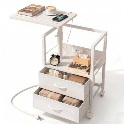 Faesun Swivel Lift Top Nightstand with Charging Station, Rolling Side Table for Recliner, Bedside Table with Wheels & 2 Fabric Drawers, for Small Spaces, for Bedroom, Living Room, White - color: 05 - White, size: 2 Drawers