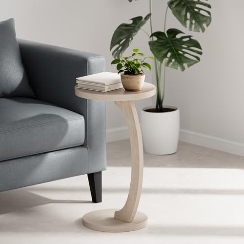 COZAYH C Shaped Round End Table for Couch Small Place, Space Saver Side Table for Sofa, Living Room, Bedside Area, Coffee and Eating Snack Tray, White - color: White