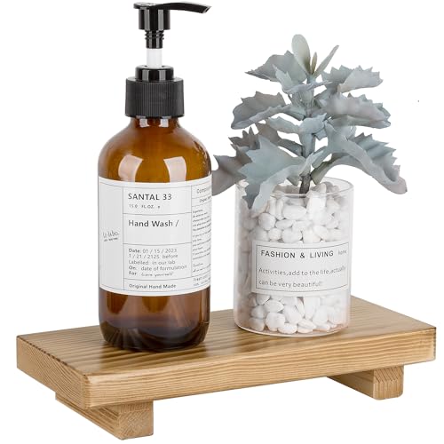 Bathroom Counter Organizer Wood Pedestal Stand Farmhouse Decorative Tray Soap Holder for Kitchen Decor, Small, Brown - color: Brown, size: 8.7" x 3.6" x 1.6"