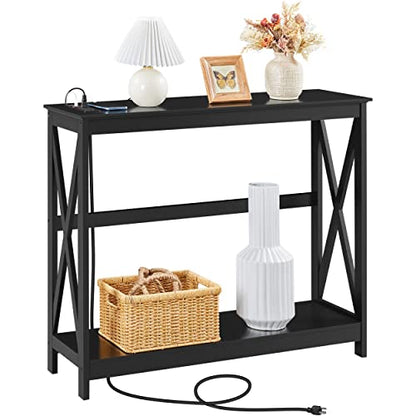 Yaheetech 40" Console Table with Power Outlets and USB Ports, Wood Entryway Table with Charging Station & Storage Shelf, Narrow 2-Tier Sofa Table for Living Room Hallway Foyer, Black - color: Black
