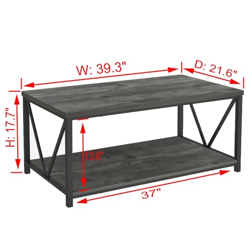 EXCEFUR Coffee Table, Rustic Wood and Metal Center Table for Living Room, 39.3 Inch Grey - color: Grey, size: 39 inch