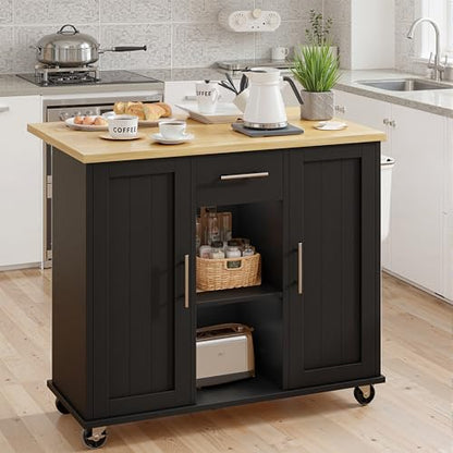 SUNLEI Rolling Kitchen Island Cart with Wheels, Island Table for Kitchen, Farmhouse Kitchen Cart with Drop Leaf & Towel Rack & Drawer, Kitchen Island with Storage Cabinet, Black - style: Black