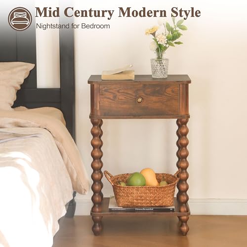 AWASEN Nightstand, Mid Century Modern Night Stand with Drawer for Living Room, Modern Bedside End Table with Spindle Wood Legs for Bedroom, Office, Rustic Brown - color: Rustic Brown