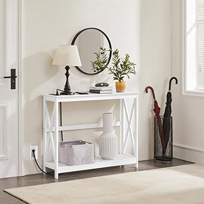 Yaheetech 40" Console Table with 2 Outlet and 2 USB Ports, Wooden Entryway Table with X-Shaped Design, Narrow Sofa Table for Living Room and Hallway,White - color: White