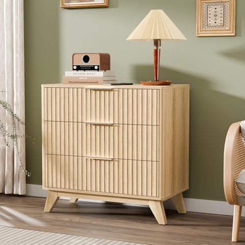 VINGLI Fluted Wood Nightstand 3 Drawer, 31.5" W Mid Century Modern Nightstand Tall, Fluted Bedside Table, End Table, Night Stand for Bedroom, Oak, 31.5" W*15.96" D*29.72" H - color: Oak, size: 31.5"W-3 Drawer