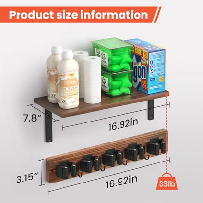 Broom Holder Wall Mount with Wooden Shelf, Rustic Wood Broom Hanger with 5 Racks&4 Hooks,Laundry Room Organization and Storage, Utility Storage Rack for Laundry Room, Garage, Kitchen, Closet. - size: 16.9"Small