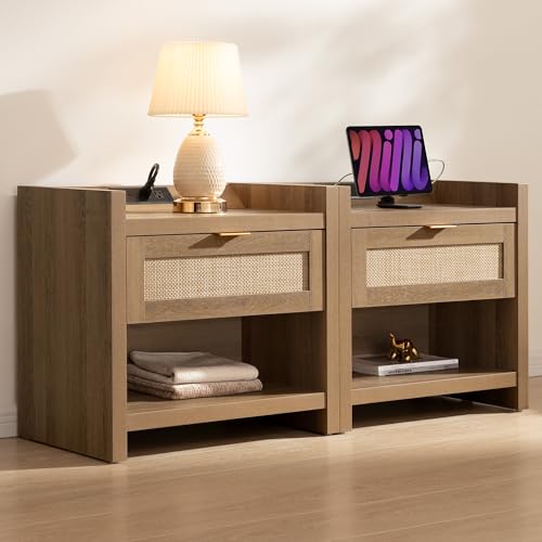 SICOTAS Night Stand Set of 2 Nightstands - Rattan Bed Side Table with Drawer Storage,Type-C Charging Station End Table - Boho Bedside Night Stands for Bedroom - Natural Oak - color: Reclaimed Caramel Oak, size: 2 Pieces
