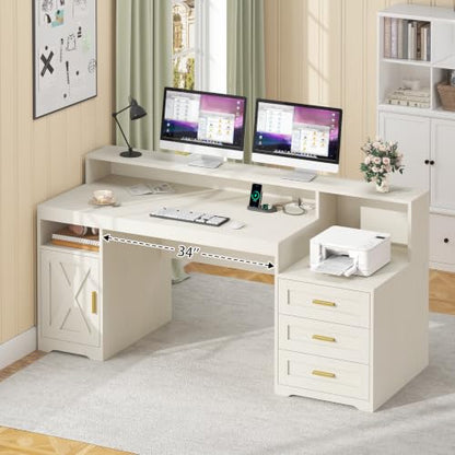 TVU 65" White Computer Desk with Drawers and Printer Stand for Home Office | Office Desk with Power Outlets and Storage Cabinet, Study Writing Desks with Long Monitor Stand - color: White