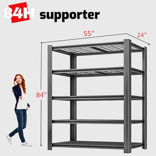 5 Tier Metal Shelving Unit, Adjustable Storage Shelves, 84" H x 55" W x 24" D Heavy Duty Garage Shelves for Warehouse, Basement, Kitchen, Pantry, Living Room, Black (5T 84 * 55 * 24) - size: 5T 55" W x 24" D x 84" H