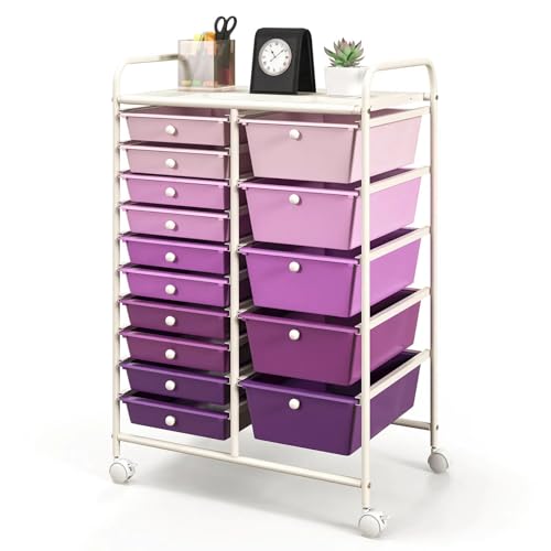 DREAMADE Rolling Cart with 15 Drawers, Rolling Drawer Organizer Cart w/Lockable Wheels, Removable & 2-Sized Storage Drawers, Art Cart for School Home Art Supplies Crafts File Scrapbook - color: Purple Gradient, size: 25"L x 14.5"W x 34.5"H