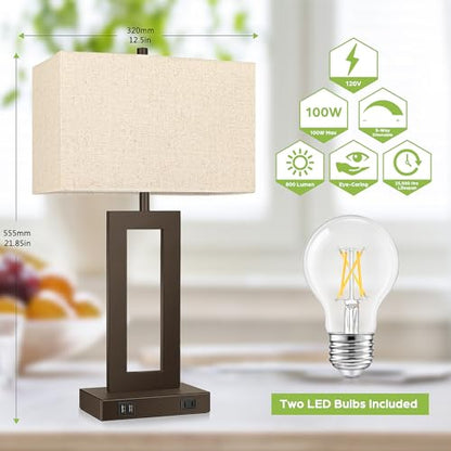 Set of 2 Touch Control Table Lamps with 2 USB Ports&AC Outlet, 3-Way Dimmable Modern Nightstand Lamp Sets, Brown Bedside Desk Lamps for Bedroom Living Room End Tables, Bulbs Included, Cream Shade | 3 Way Dimmable, Touch Control, Fabric Cream Shade, Nights