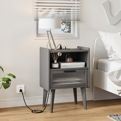 MMEOLUOOK Nightstand with Charging Station, Bedside Tables Grey End Table Side Table with 2 Tiers Storage Space, for Bedroom Living Room CAMLBZ07ZE - color: Grey